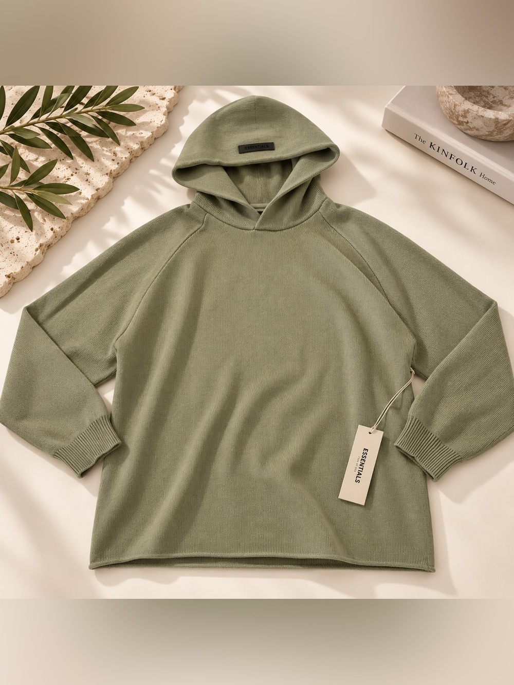 Essentials Olive Green Hooded Knit Sweatshirt